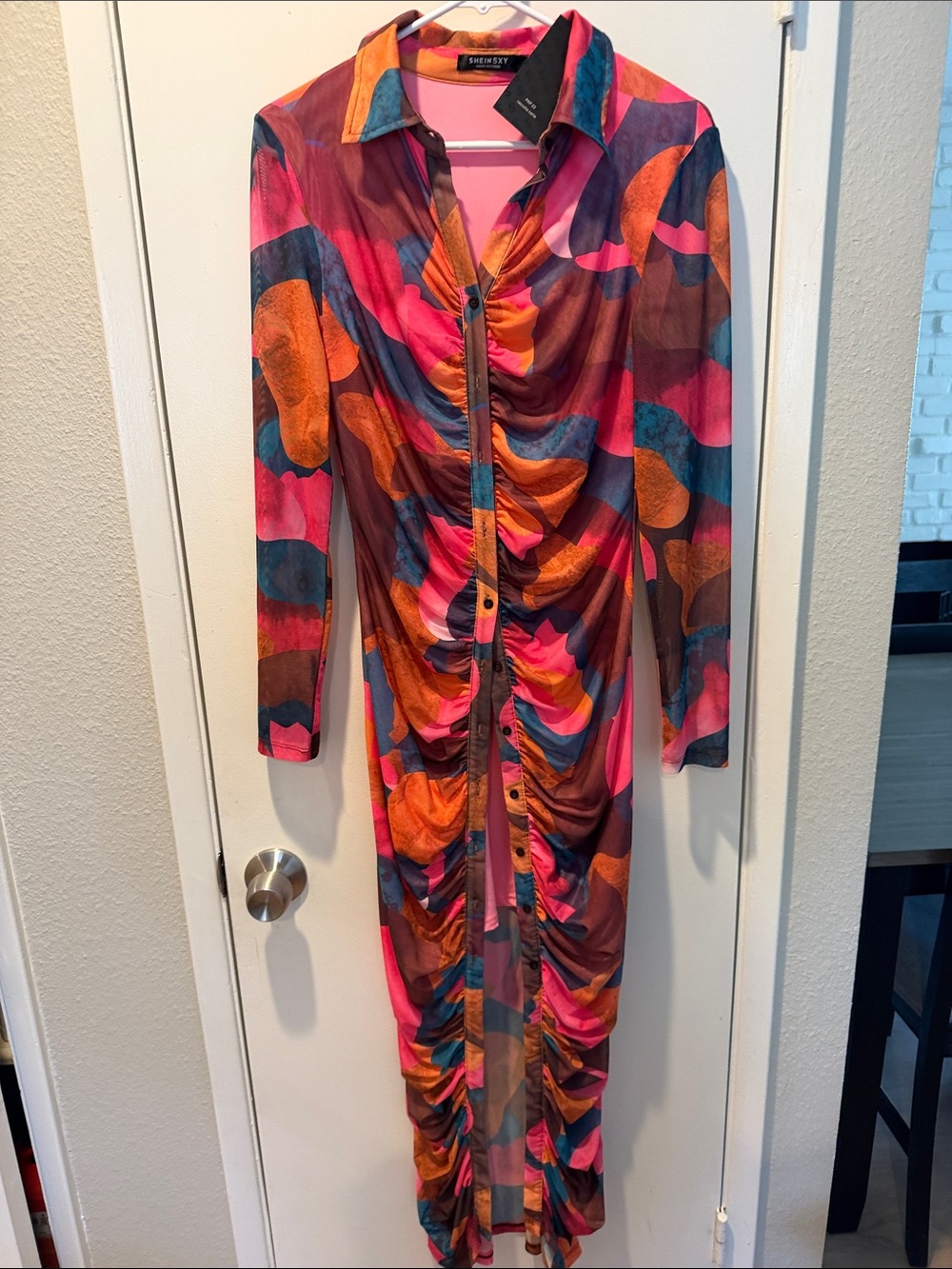 SHEIN Pink & Orange Ruched Button-Front Long Sleeve Maxi Dress